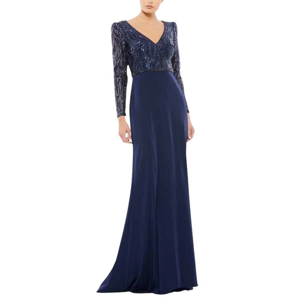 Mac Duggal 67887 Blue Evening Gown Sequined Long Sleeve A-Line Dress Size 10
